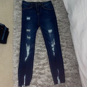 High Rise Dark Denim Distressed Jeans